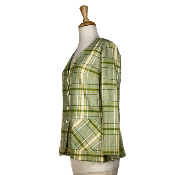 Vintage 60s Collarless Jacket Green Plaid Pockets Union Tag Size 11-12 - Hey Viv - Picture 7 of 12